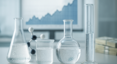 Glass laboratory beakers containing clear liquid with a molecular model in the background