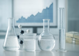 Glass laboratory beakers containing clear liquid with a molecular model in the background