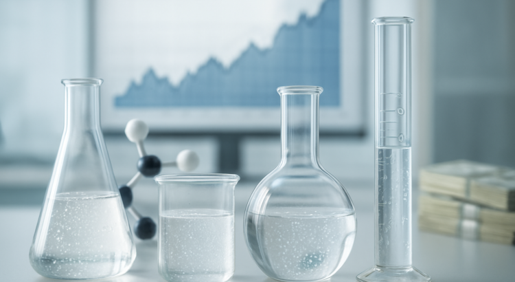 Glass laboratory beakers containing clear liquid with a molecular model in the background