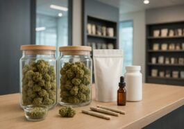 Labeled jars of cannabis products alongside rolling papers and vials on a wooden counter in a modern store