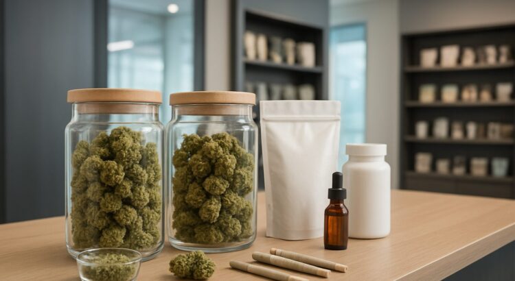 Labeled jars of cannabis products alongside rolling papers and vials on a wooden counter in a modern store